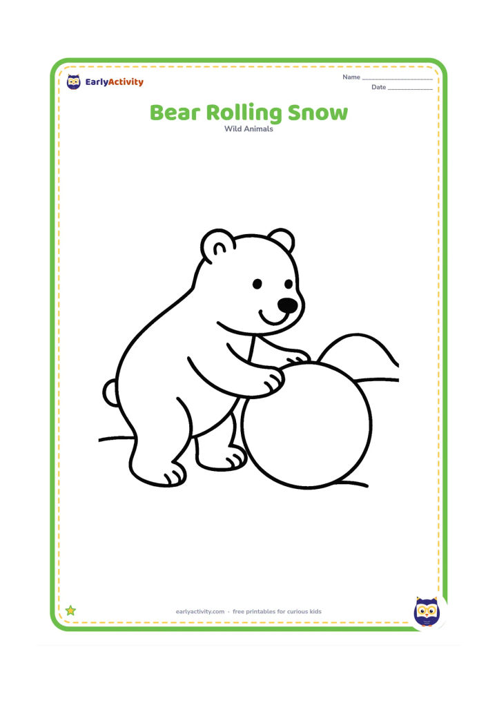Colouring page: A polar bear rolls a large round snowball across the ground with both paws, beside two simple snow-covered bumps.