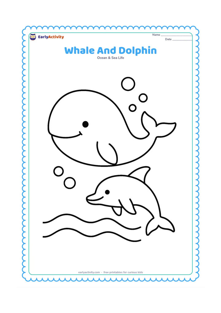 Colouring page: Draw a large whale swimming beside one smaller dolphin, with two broad wave curves and a few round bubbles. Keep the scene open and uncluttered.