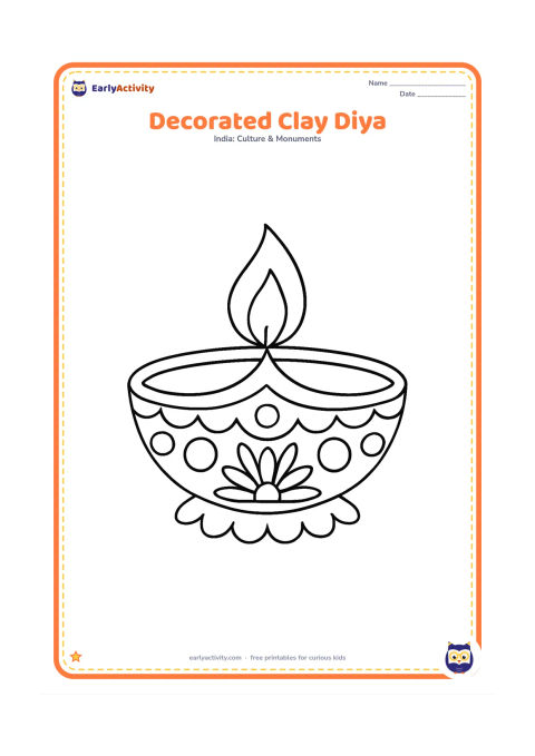 Colouring page: A single traditional clay diya with a flame, a scalloped rim and repeating large circles and petals decorating its bowl, centered on the page.