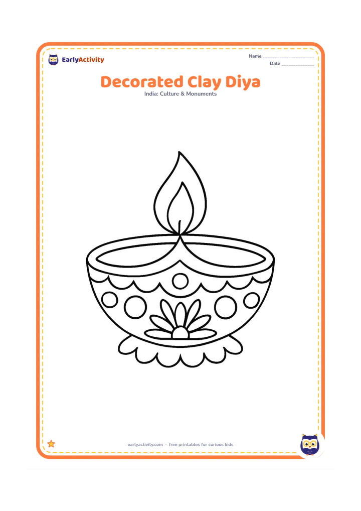 Colouring page: A single traditional clay diya with a flame, a scalloped rim and repeating large circles and petals decorating its bowl, centered on the page.