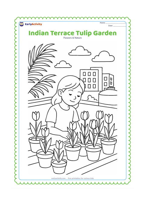 Colouring page: Draw an Indian rooftop terrace garden with rows of tulip pots, a low parapet, a water tank, distant apartment buildings, palm leaves and a child gently caring for the plants. Do not…
