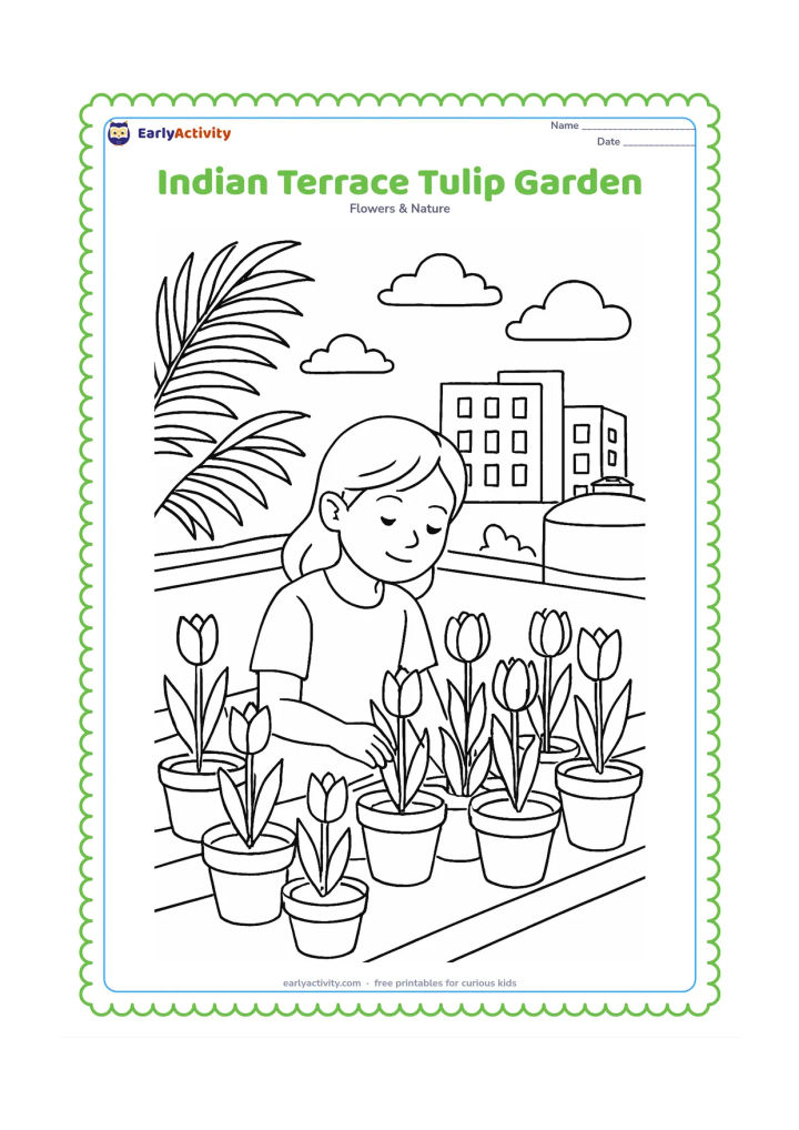 Colouring page: Draw an Indian rooftop terrace garden with rows of tulip pots, a low parapet, a water tank, distant apartment buildings, palm leaves and a child gently caring for the plants. Do not…