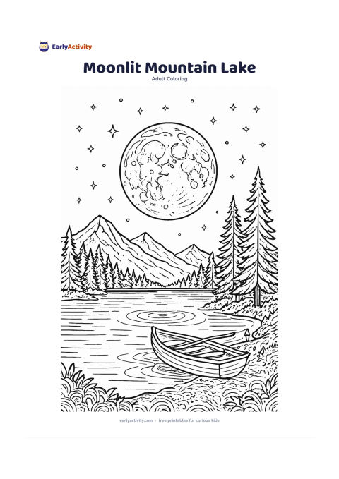 Colouring page: A peaceful mountain lake beneath a large moon and scattered stars, with dark pine silhouettes, a small rowboat pulled onto the shore and ripples reflecting the moonlight. Keep the sky…