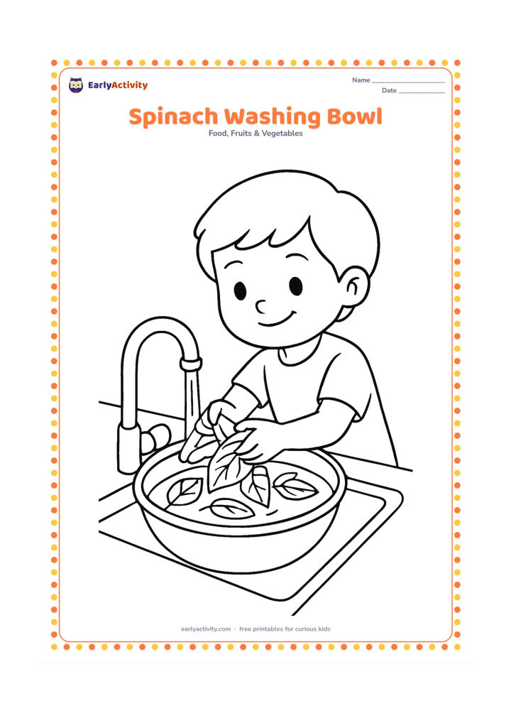 Colouring page: Show a child washing a bunch of leafy greens in a large bowl of water beside a kitchen tap. Include a few leaves floating in the bowl and simple countertop details.
