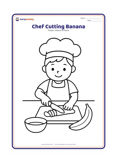 Colouring page: A child chef uses a child-safe table knife to cut a peeled banana on a cutting board. Include a bowl, a whole banana, and a clean kitchen counter.