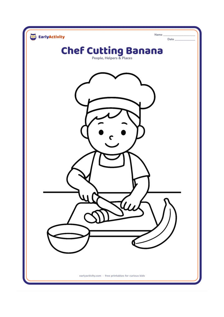 Colouring page: A child chef uses a child-safe table knife to cut a peeled banana on a cutting board. Include a bowl, a whole banana, and a clean kitchen counter.