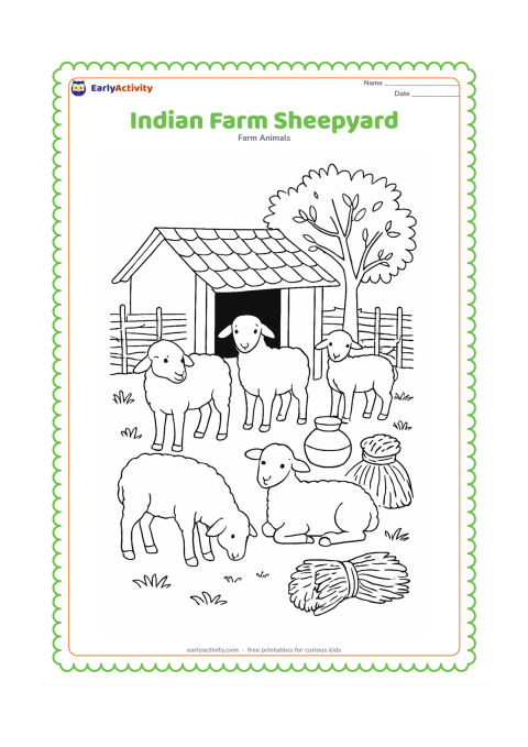 Colouring page: Several sheep gather in a rural Indian sheepyard near a plain tiled-roof shelter, woven fencing, a water pot, hay bundles and a neem-like tree. Keep all containers and buildings free of…