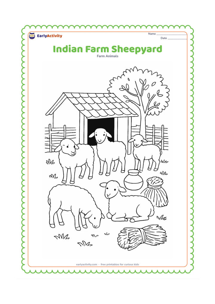 Colouring page: Several sheep gather in a rural Indian sheepyard near a plain tiled-roof shelter, woven fencing, a water pot, hay bundles and a neem-like tree. Keep all containers and buildings free of…