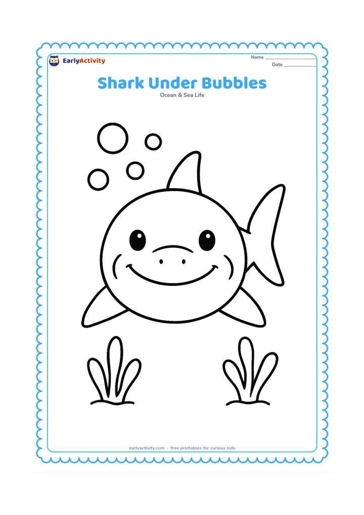 Colouring page: A smiling shark faces forward beneath a cluster of round bubbles, with two simple sea plants at the bottom. Show the eyes, gills, fins and tail clearly.