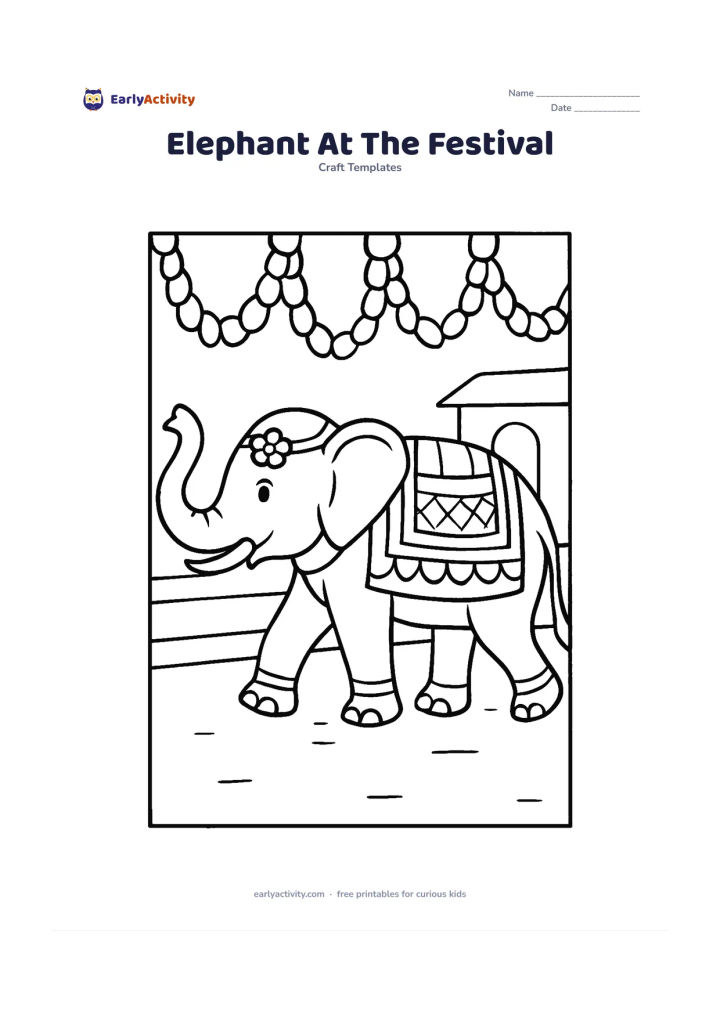 Worksheet: Draw a decorated Indian elephant walking in profile with a raised trunk, large ears, layered blanket shapes and a simple floral headpiece. Place it on a village street with a few large…