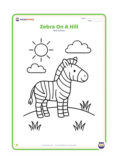 Colouring page: Draw one zebra standing on a gentle rounded hill, facing right. Add a large sun, two puffy clouds and a few widely spaced grass tufts.