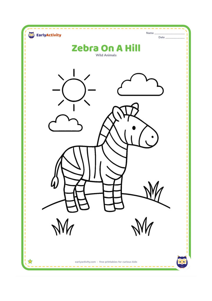 Colouring page: Draw one zebra standing on a gentle rounded hill, facing right. Add a large sun, two puffy clouds and a few widely spaced grass tufts.