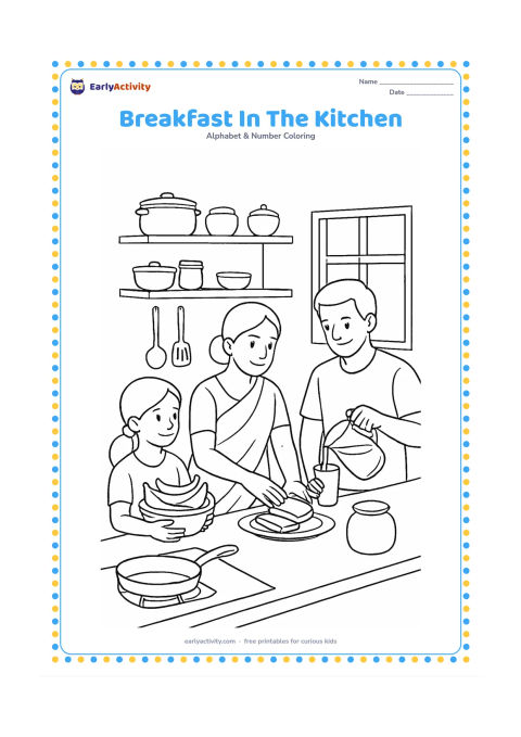 Colouring page: Draw a family preparing breakfast in an Indian kitchen with a child carrying a bowl of bananas, a parent arranging bread on a plate and another person pouring a drink. Include shelves,…