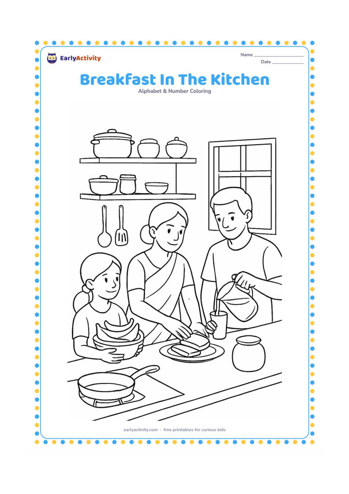 Colouring page: Draw a family preparing breakfast in an Indian kitchen with a child carrying a bowl of bananas, a parent arranging bread on a plate and another person pouring a drink. Include shelves,…