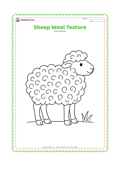 Colouring page: A side-view sheep fills the centre of the page, with its thick coat divided into many rounded wool curls, clear split hooves and a few grass stems below. Keep the face and legs plainly…