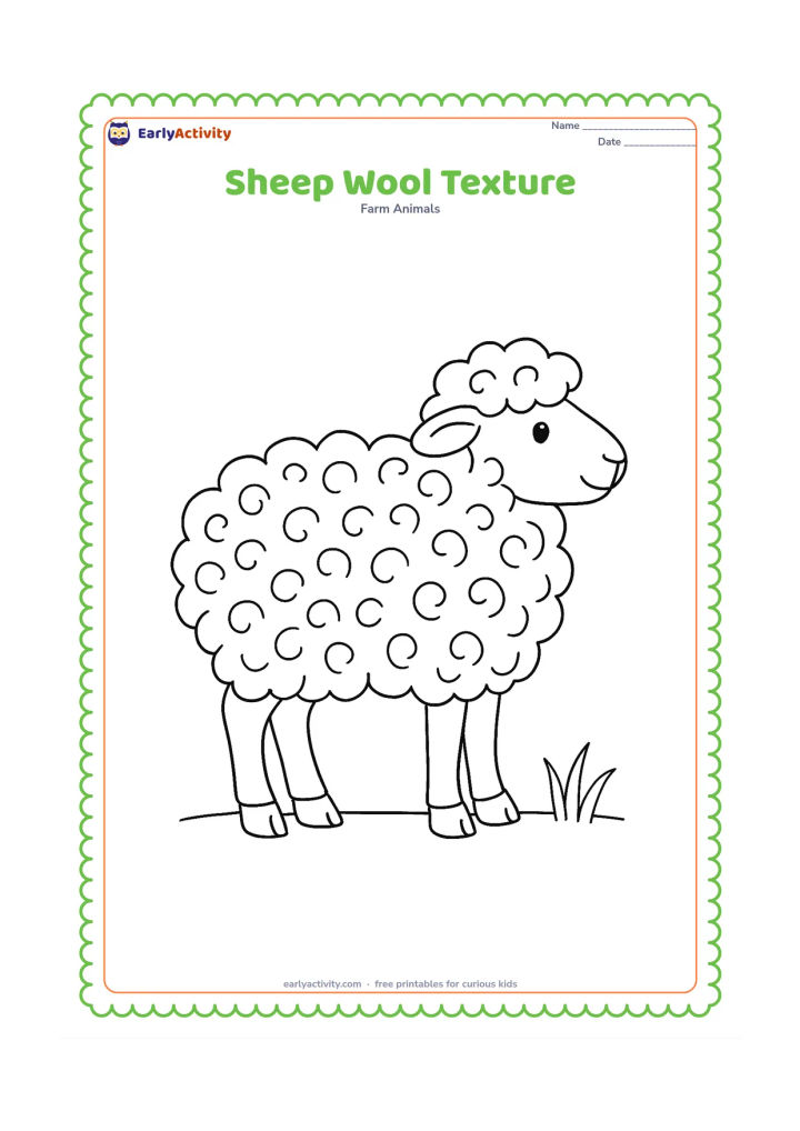 Colouring page: A side-view sheep fills the centre of the page, with its thick coat divided into many rounded wool curls, clear split hooves and a few grass stems below. Keep the face and legs plainly…