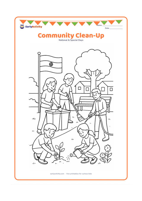 Colouring page: Draw children and adults cleaning a neighbourhood park while an Indian flag flies from a nearby pole. Show people sorting litter into plain bins, planting a sapling, sweeping a path and…