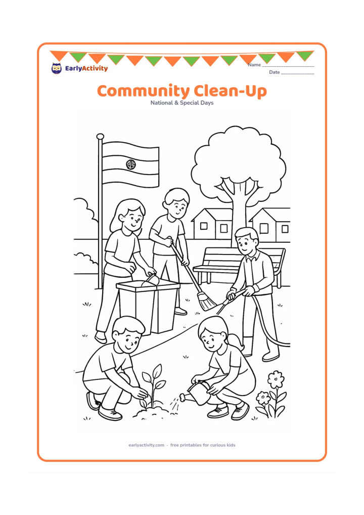 Colouring page: Draw children and adults cleaning a neighbourhood park while an Indian flag flies from a nearby pole. Show people sorting litter into plain bins, planting a sapling, sweeping a path and…