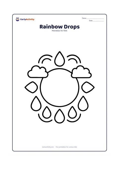 Colouring page: A circular mandala made from a large central circle surrounded by repeated raindrops, clouds and simple curved arcs. Arrange the drops evenly around the circle without drawing a literal…