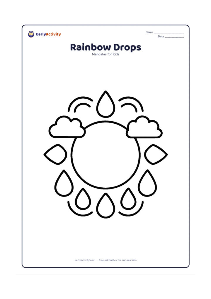 Colouring page: A circular mandala made from a large central circle surrounded by repeated raindrops, clouds and simple curved arcs. Arrange the drops evenly around the circle without drawing a literal…