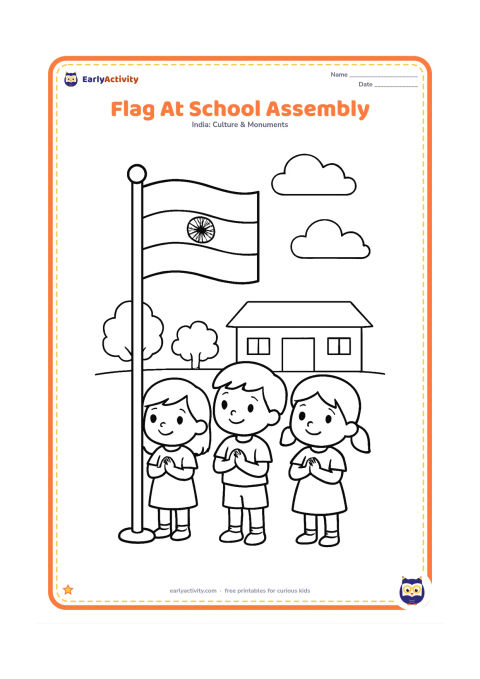 Colouring page: Draw a school flagpole with the Indian flag raised while three cheerful children stand respectfully nearby in an open school courtyard. Include a low school building, trees and a few…