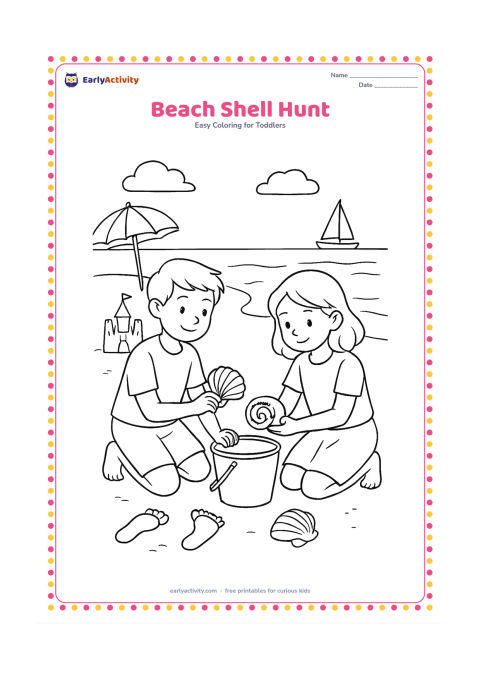 Colouring page: Draw two children kneeling on a beach while collecting large shells into a bucket, with a sandcastle, a calm wave, a beach umbrella and a distant sailboat behind them. Add a few…