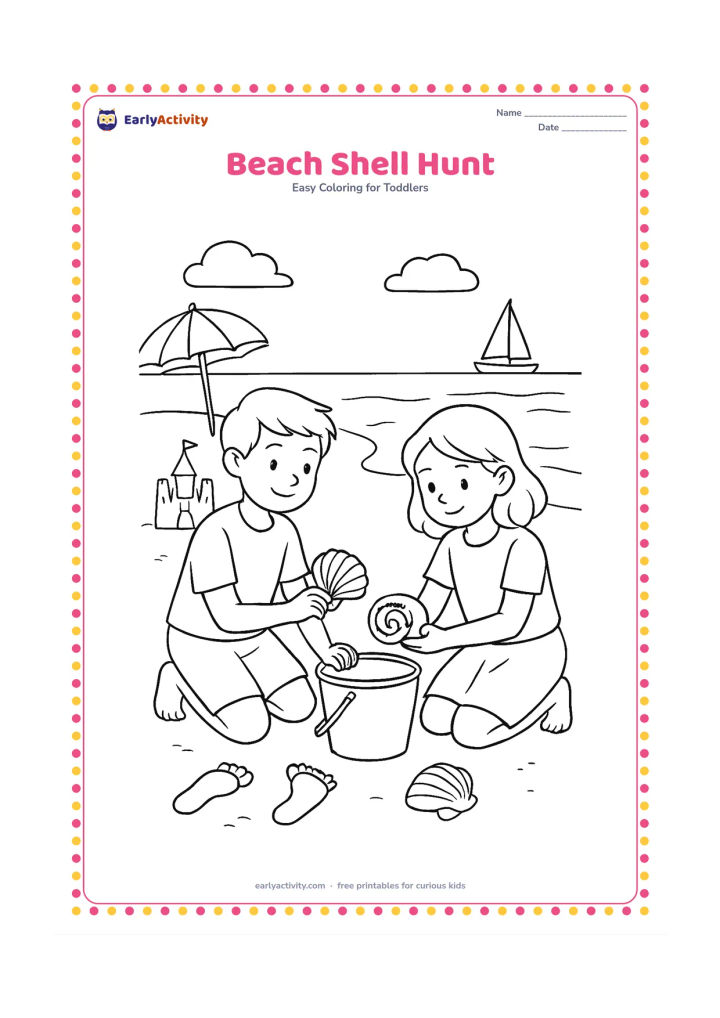 Colouring page: Draw two children kneeling on a beach while collecting large shells into a bucket, with a sandcastle, a calm wave, a beach umbrella and a distant sailboat behind them. Add a few…