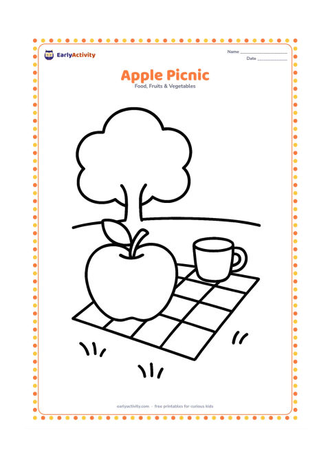 Colouring page: Draw one large apple beside a simple checked picnic cloth and a small cup, with a rounded tree canopy in the background. Use only a few broad grass lines.