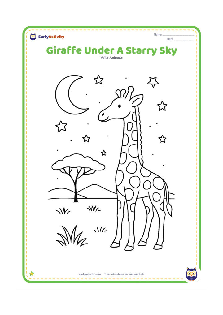 Colouring page: A giraffe stands in profile beneath a moon and a sky filled with varied stars. Add an acacia silhouette, low grass and distant hills while keeping the animal's patches clearly visible.