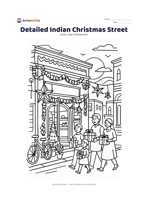 Worksheet: Draw a warm Indian Christmas street with a decorated shopfront, flower garlands, paper stars, a bicycle, potted plants and families carrying gifts. Include a small Christmas tree near…