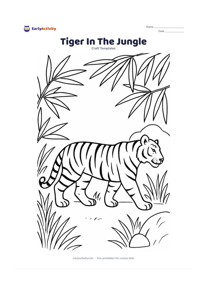 Worksheet: Draw a side-view tiger walking through an Indian jungle, with a strong body, curved tail, clear paws and bold stripe sections. Frame it with large bamboo leaves, tall grasses and a…