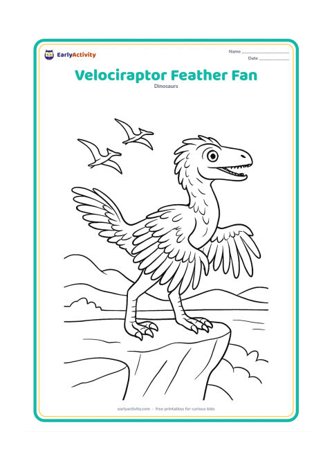 Colouring page: A velociraptor spreads the feathered arms and tail slightly while standing on a rocky ledge, displaying layered feathers along its arms, neck, and back. Add distant hills and two flying…
