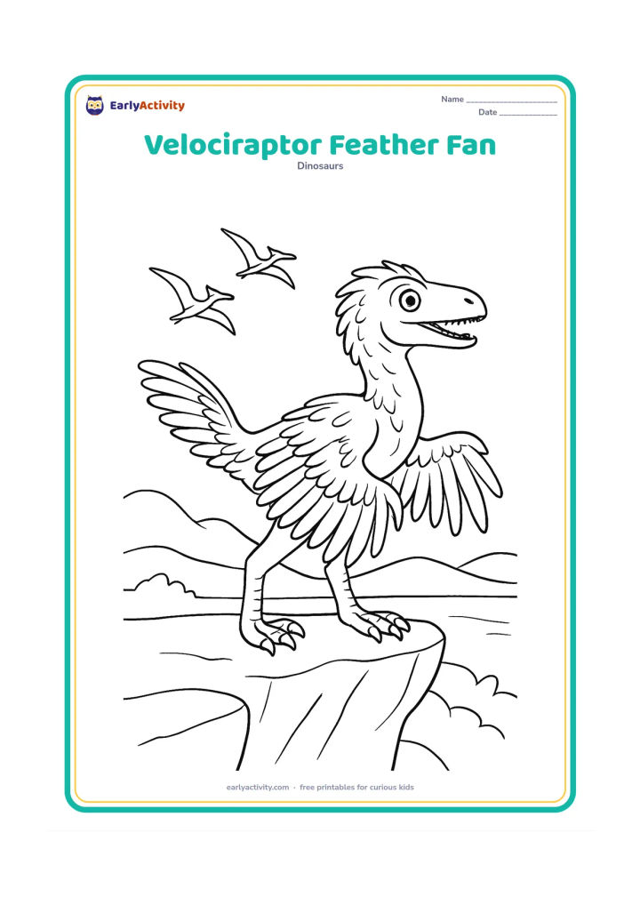 Colouring page: A velociraptor spreads the feathered arms and tail slightly while standing on a rocky ledge, displaying layered feathers along its arms, neck, and back. Add distant hills and two flying…