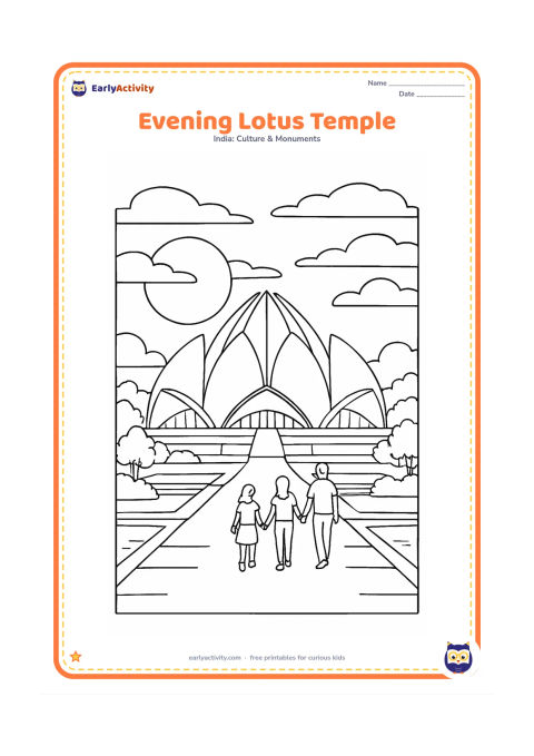 Colouring page: Show the Lotus Temple at sunset with a low sun, layered clouds, darkening garden trees, pools, and three visitors walking along the path. The petal edges and windows should remain…