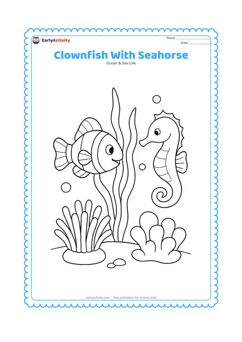 Colouring page: Show a clownfish and a friendly seahorse swimming beside a tall sea plant, with an anemone, bubbles, and rounded coral on the seabed. Give both animals clear space and a side view.