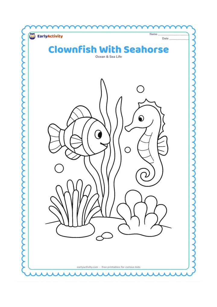 Colouring page: Show a clownfish and a friendly seahorse swimming beside a tall sea plant, with an anemone, bubbles, and rounded coral on the seabed. Give both animals clear space and a side view.