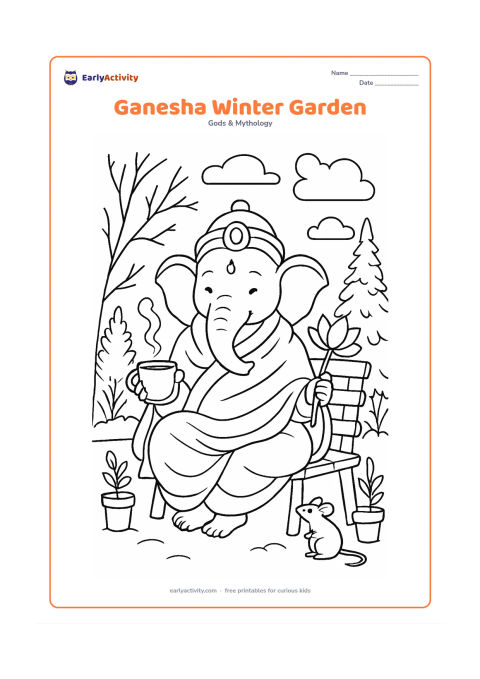 Colouring page: Lord Ganesha sits warmly wrapped in a simple shawl in a winter garden, holding a steaming cup and a lotus. Add bare branches, evergreen plants, a small mouse, a bench, flower pots and…