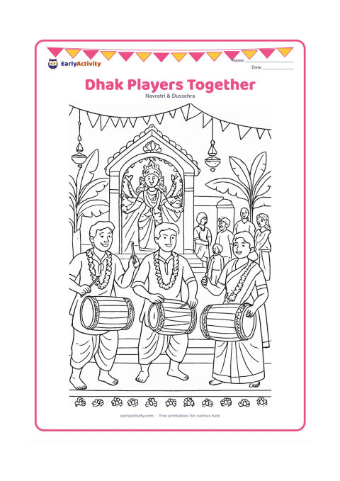Colouring page: Three dhak musicians perform together in a decorated courtyard, each with a different pose, while families watch near a Durga pandal. Add detailed drum straps, flower garlands, hanging…
