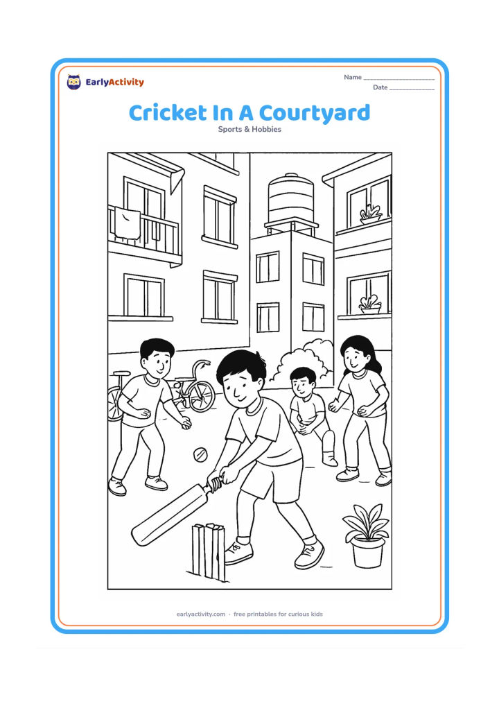 Colouring page: A group of children plays a careful courtyard cricket game between apartment buildings, with a batter near wickets, a bowler, a wicketkeeper and a fielder. Add balconies, laundry, potted…