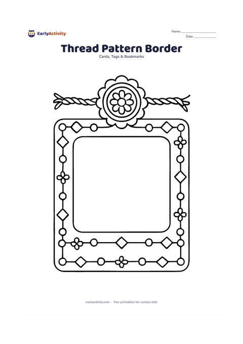 Worksheet: Create a card with a central blank message panel surrounded by a border that looks like crossing rakhi threads, alternating beads, diamonds, and small flowers. Add a single large rakhi…