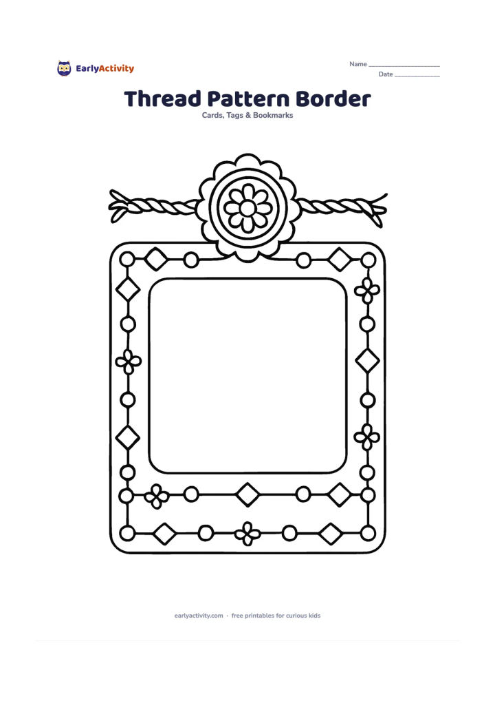 Worksheet: Create a card with a central blank message panel surrounded by a border that looks like crossing rakhi threads, alternating beads, diamonds, and small flowers. Add a single large rakhi…