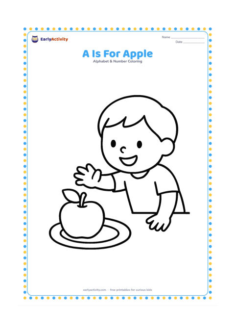Colouring page: Draw one large apple on a simple plate beside a small leaf, with a smiling child reaching toward it. Keep the composition centered with plenty of open space.