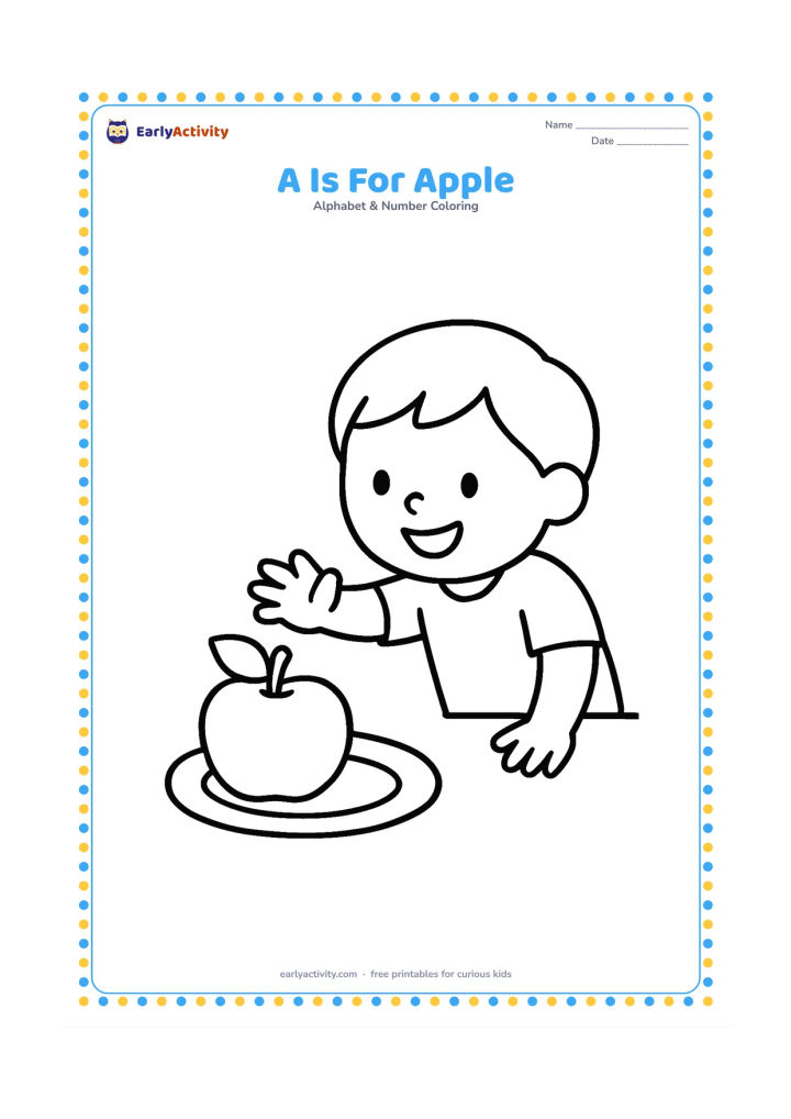 Colouring page: Draw one large apple on a simple plate beside a small leaf, with a smiling child reaching toward it. Keep the composition centered with plenty of open space.