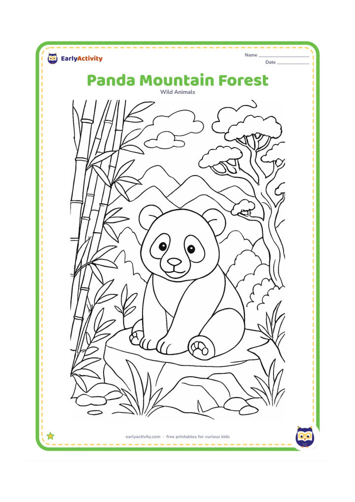 Colouring page: Draw a panda sitting on a rocky ledge in a Chinese mountain forest, surrounded by tall bamboo, twisting tree trunks, layered peaks and drifting clouds.