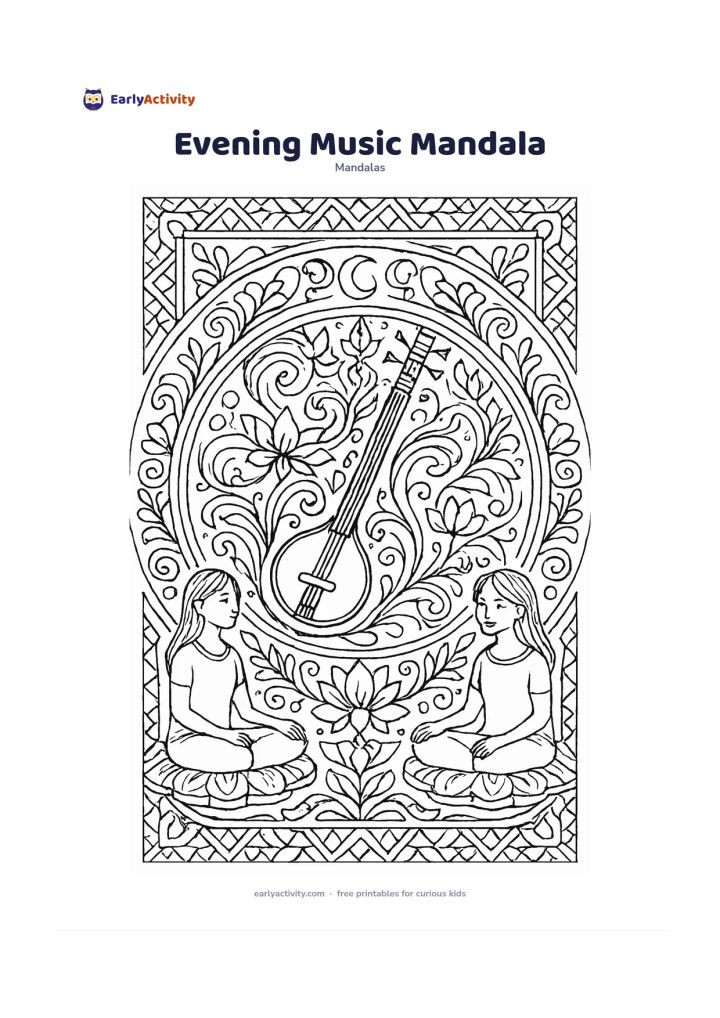 Colouring page: Draw a circular mandala with a simple sitar-like string instrument resting at the centre, surrounded by musical curves without notes, flower petals, cushions and moonlit geometric…