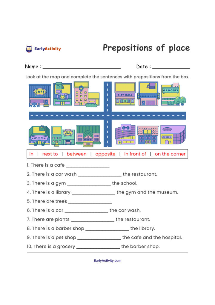 Worksheet showing a town map with buildings, a preposition word box, and ten sentences to complete.
