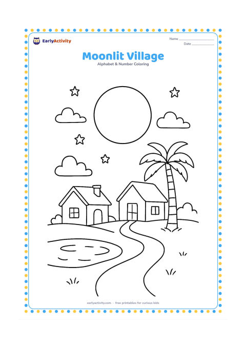 Colouring page: Draw a bright full moon above a quiet village with two small houses, a palm tree, a pond and a narrow path. Add a few stars and soft cloud shapes.
