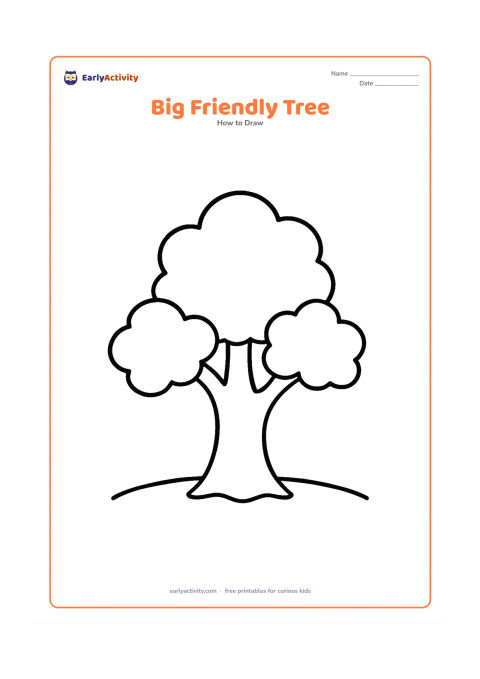 Worksheet: Show a single tree built from a very wide rounded trunk, two large curved branches and three oversized leaf clusters. Place it on a simple strip of ground with plenty of open space…