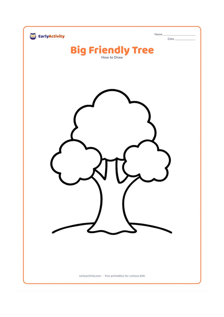 Worksheet: Show a single tree built from a very wide rounded trunk, two large curved branches and three oversized leaf clusters. Place it on a simple strip of ground with plenty of open space…