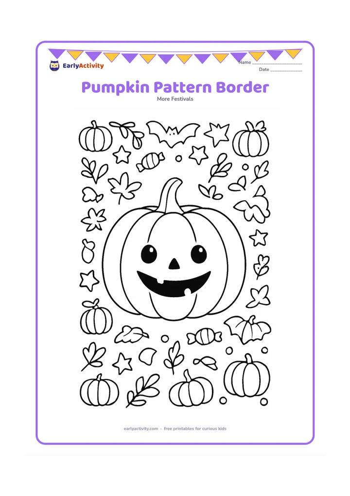 Colouring page: Draw a large central smiling pumpkin surrounded by a repeating border of pumpkins, bats, stars, leaves, and wrapped sweets. Keep the repeating shapes varied but evenly spaced, with no…